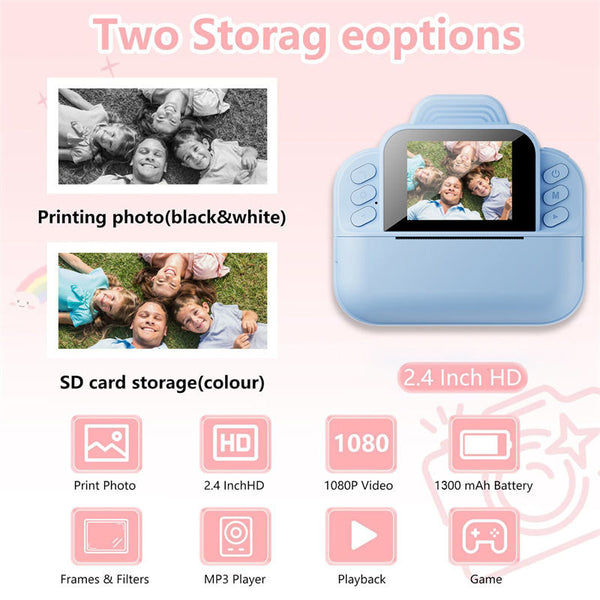 New 2.4" Kid's Camera Cute Style Instant Printing Thermal Photo Paper Recording Function 1080P Video Photography Camcorder + FREE SanDisk 32GB microSDHC Card